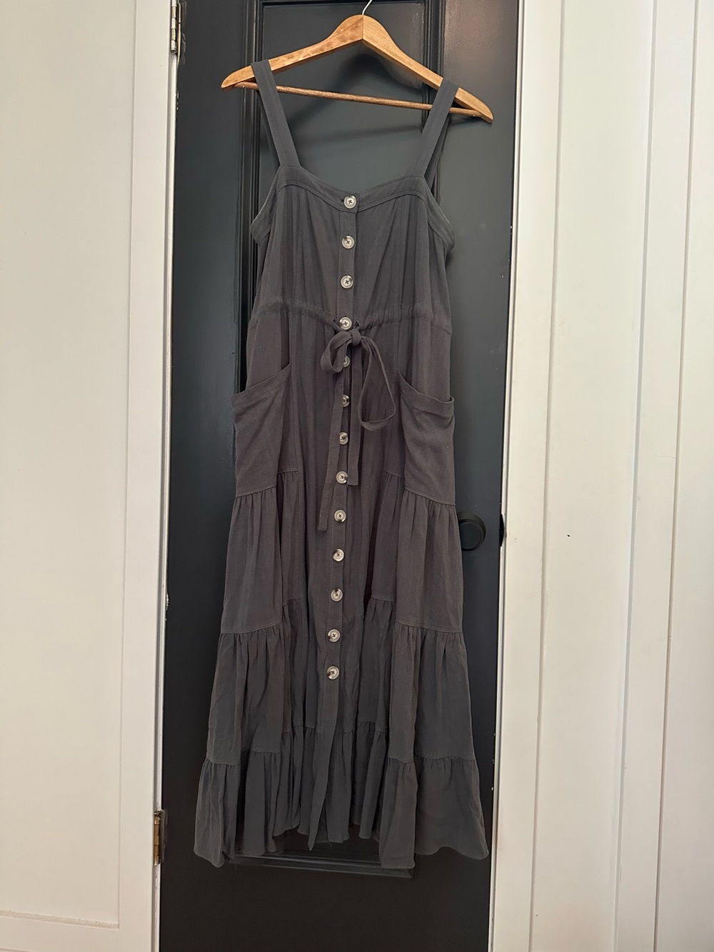 Malibu Charcoal Gray Button-Front Tiered Dress